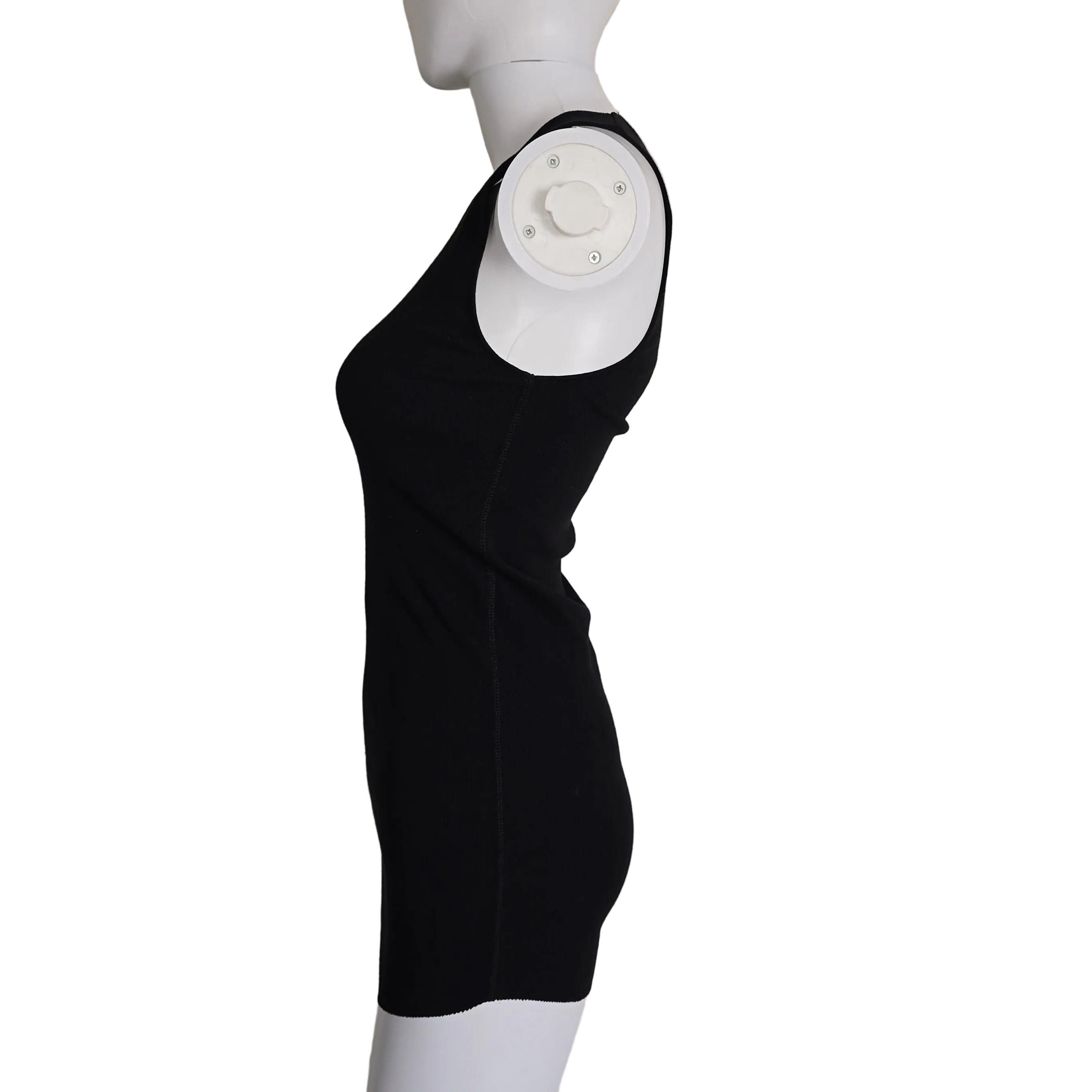 Black sleeveless top on a light background