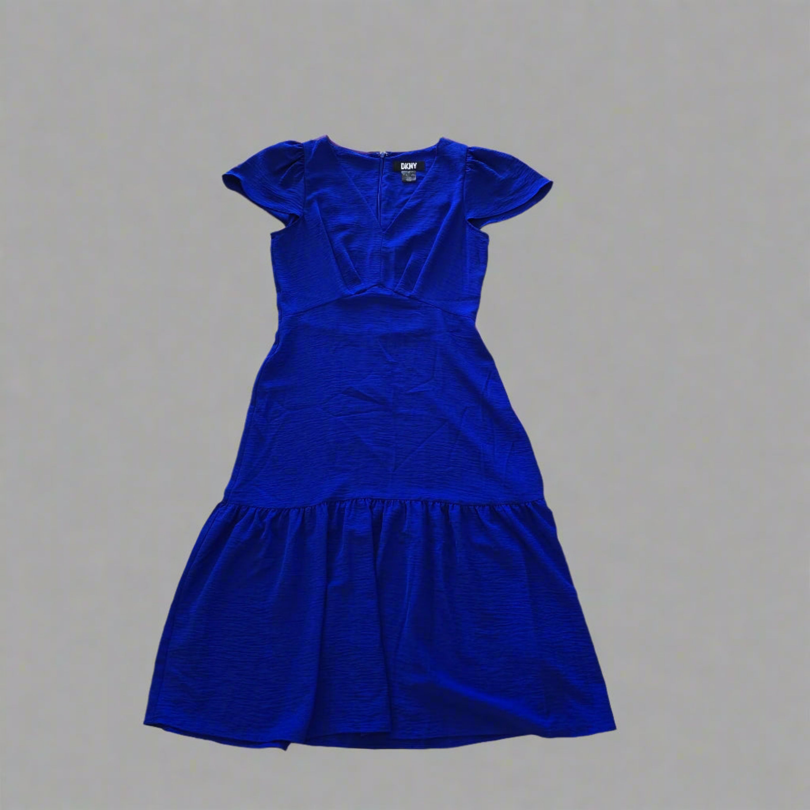 A blue DKNY midi dress with flutter sleeves and a textured finish, displayed on a plain background.