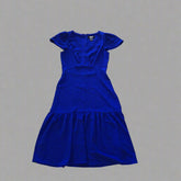 A blue DKNY midi dress with flutter sleeves and a textured finish, displayed on a plain background.