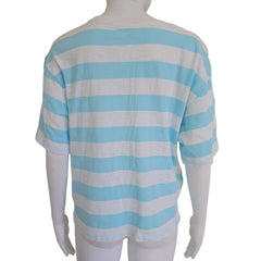 Mannequin wearing a blue and white striped garment on a plain background