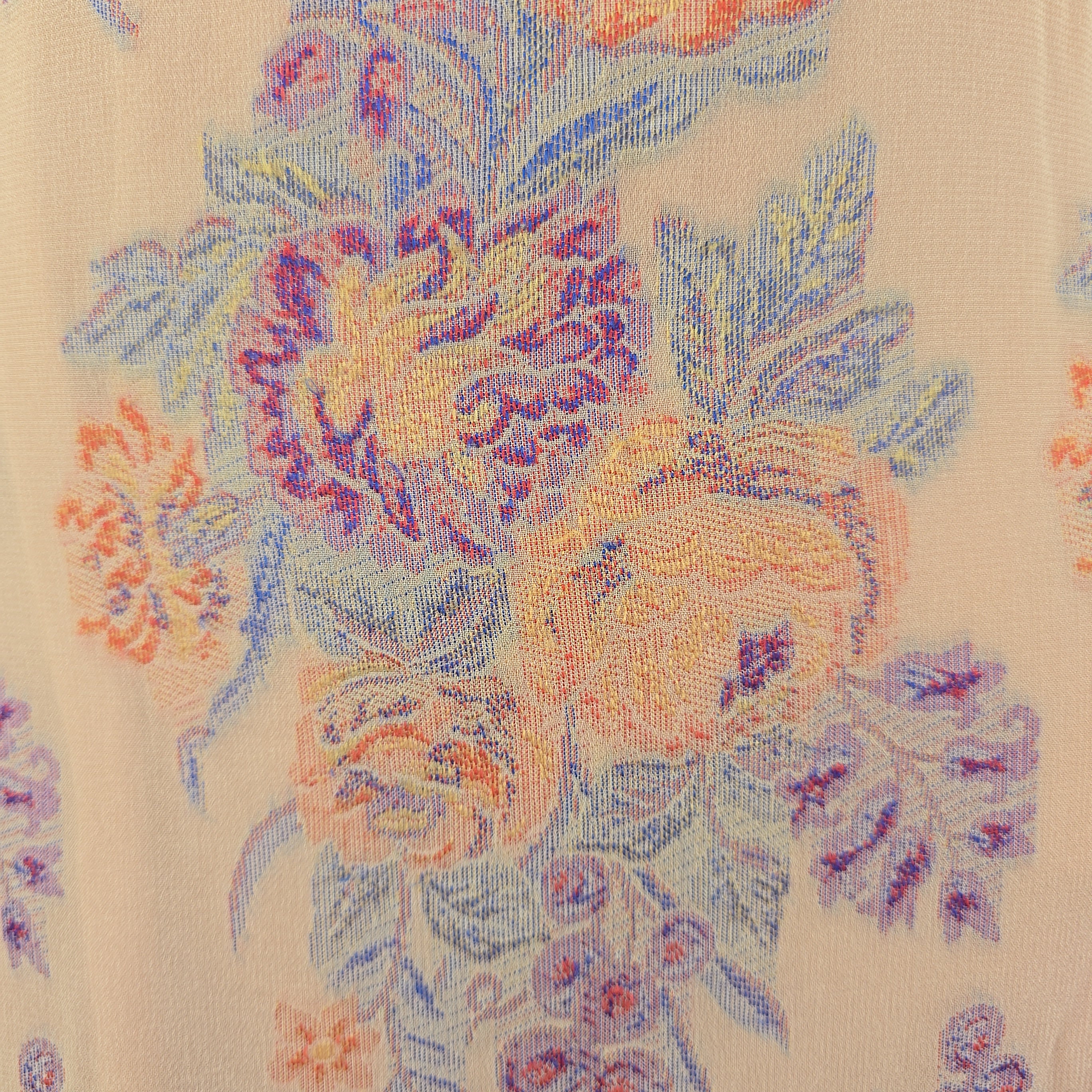 Close-up of a floral patterned fabric with a beige background