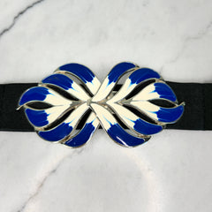 Vintage Black Elastic Belt Blue White Enamel Statement Buckle Retro Belt