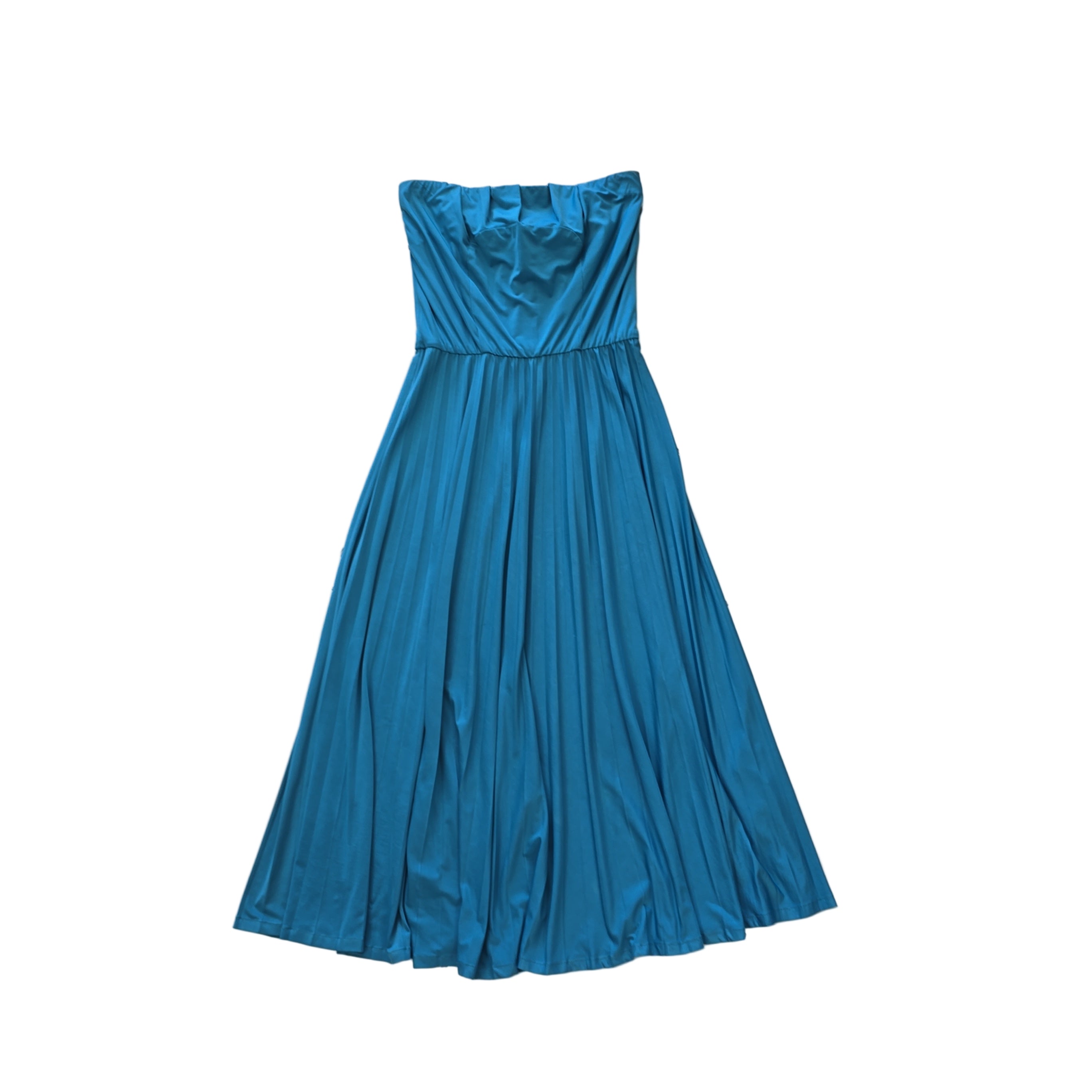 Blue strapless dress on a tiled floor