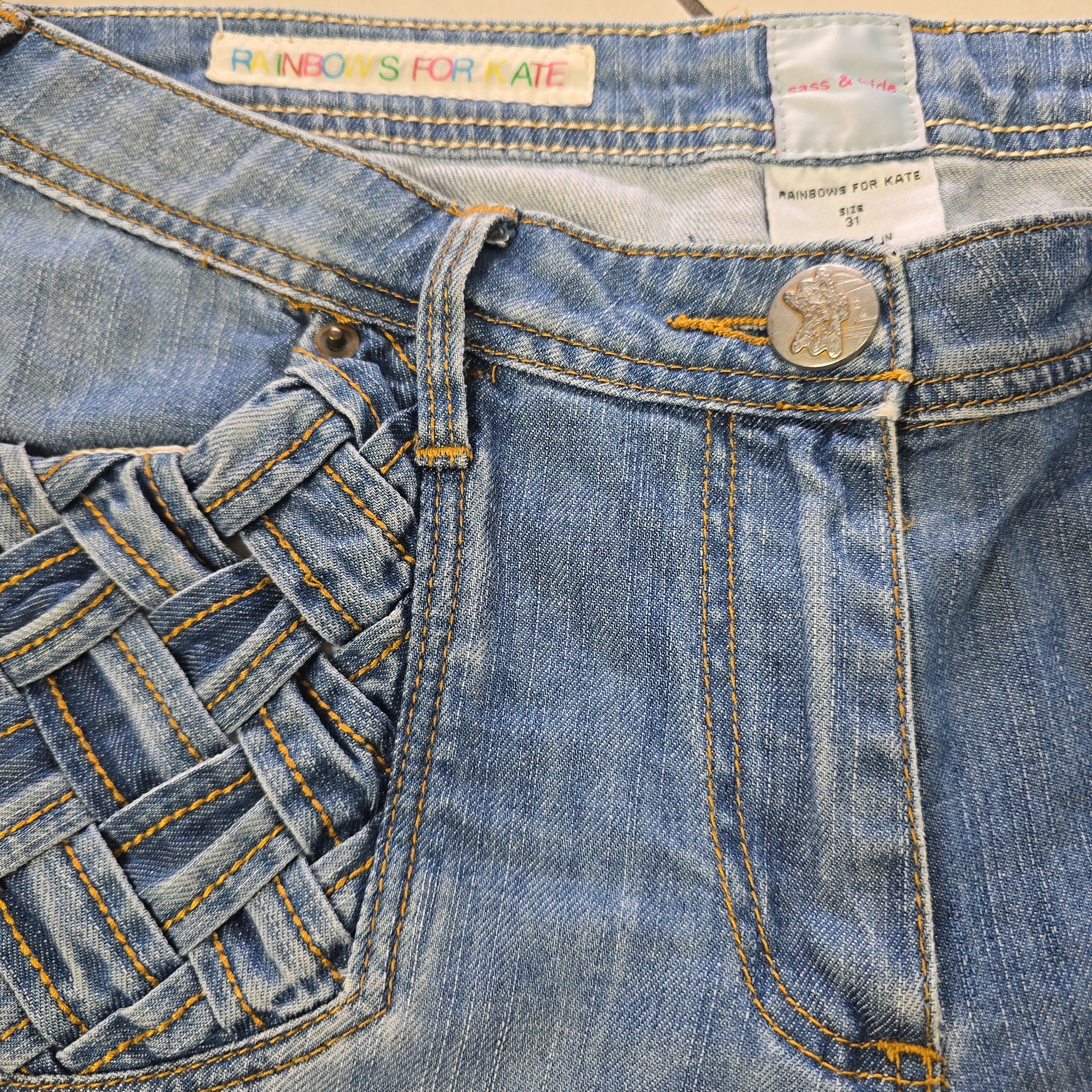 Close-up of blue denim fabric with stitching details