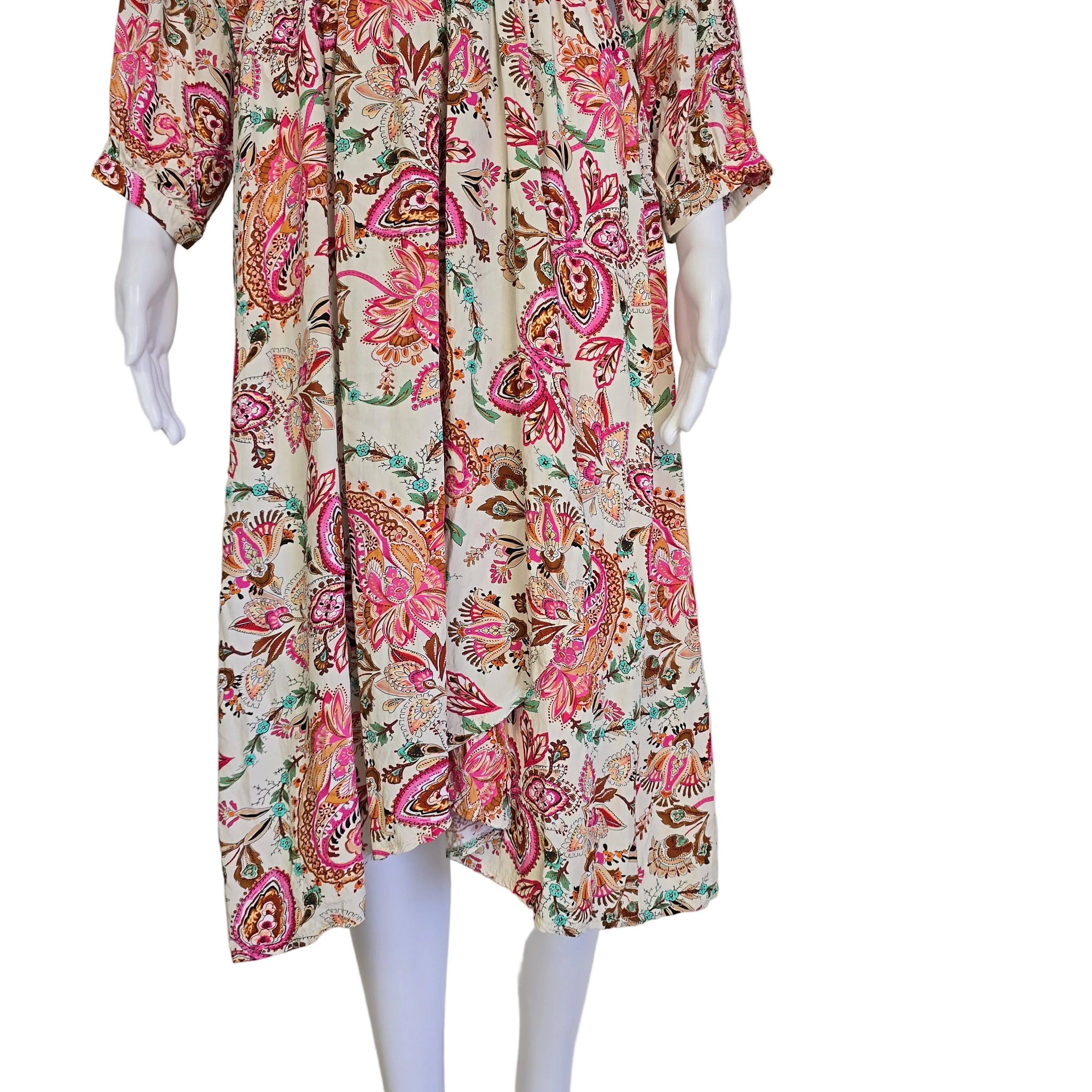 Floral patterned wrap style dress on a light background