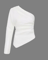 White one-shoulder top on a white background