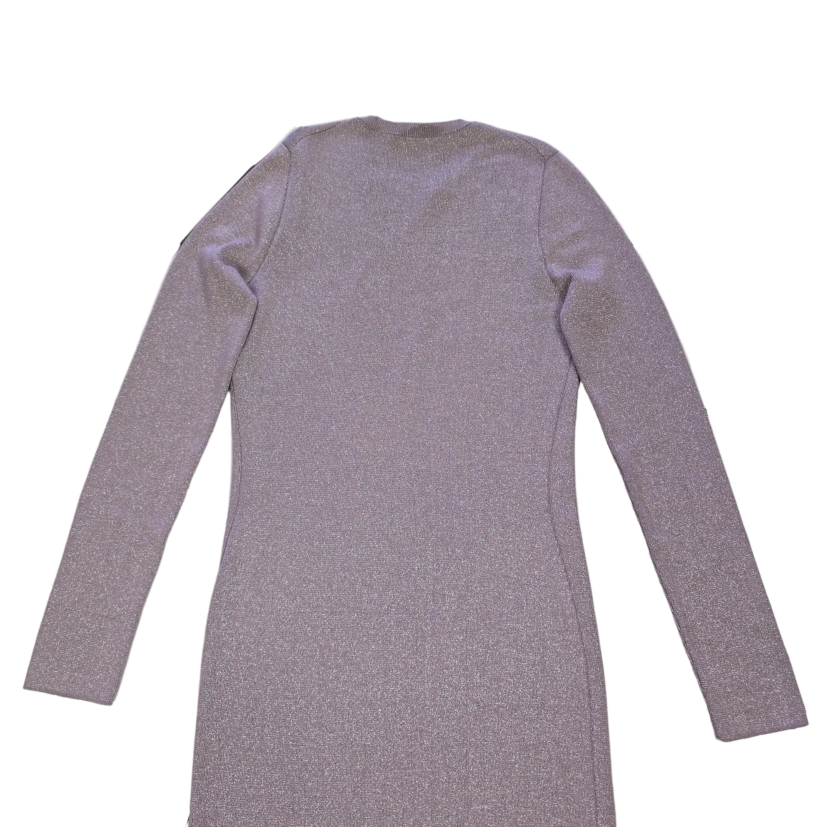 Plum coloured dress with silver details on a light background