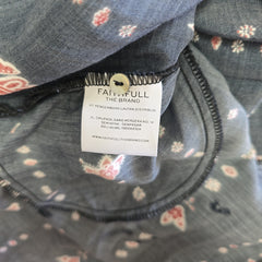 Close-up of a floral-patterned garment with a brand label.
