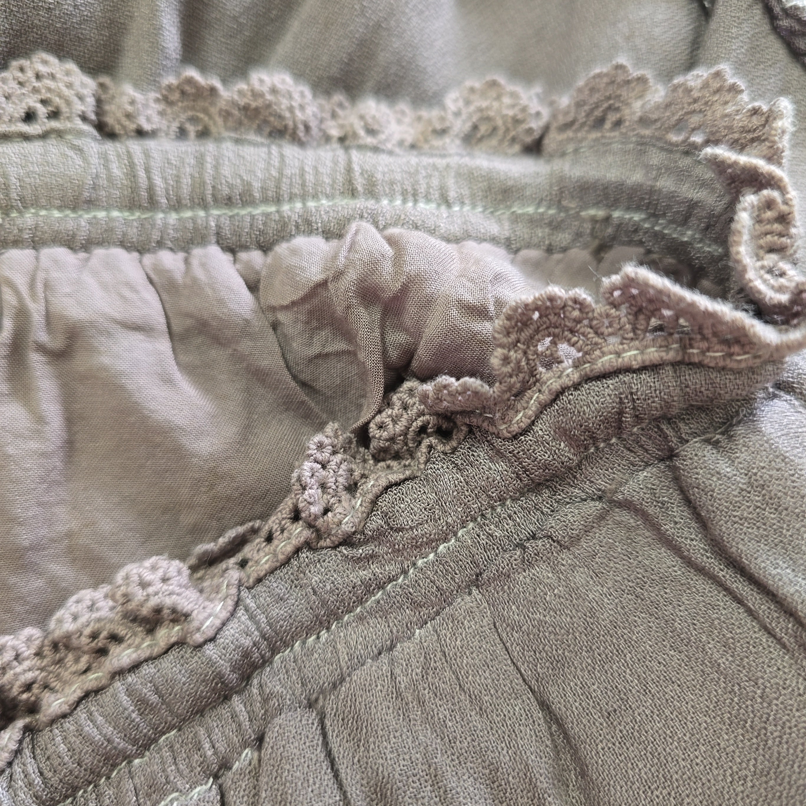 Close-up of textured fabric with lace detailing in neutral colors
