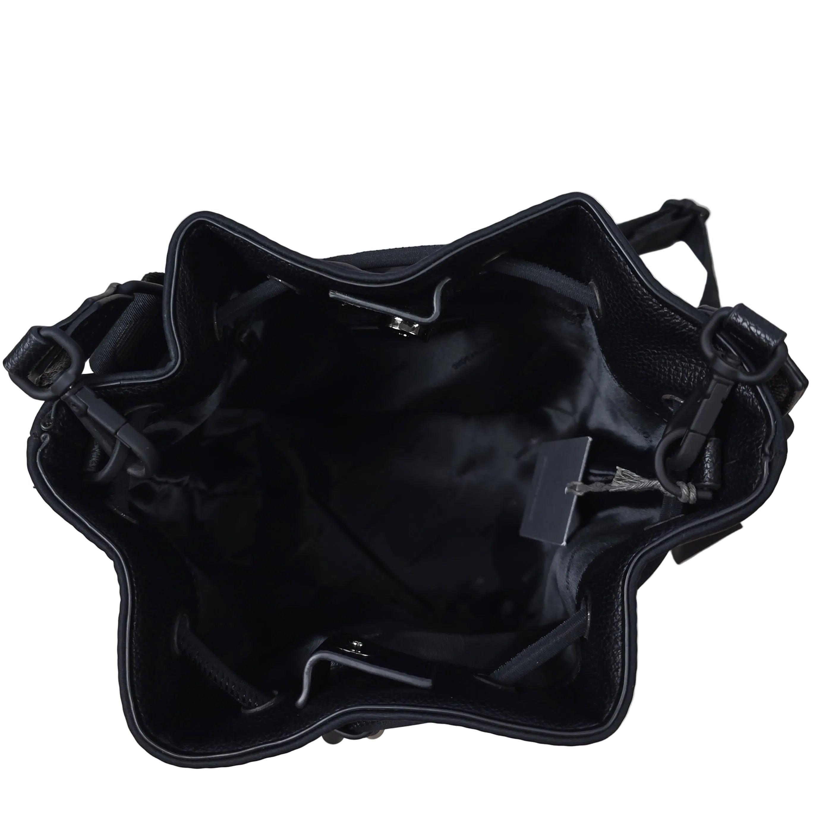 Black drawstring bag on a light background
