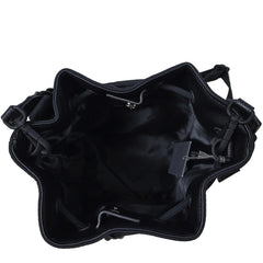 Black drawstring bag on a light background