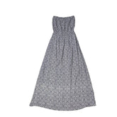 Floral-patterned strapless dress on a light background