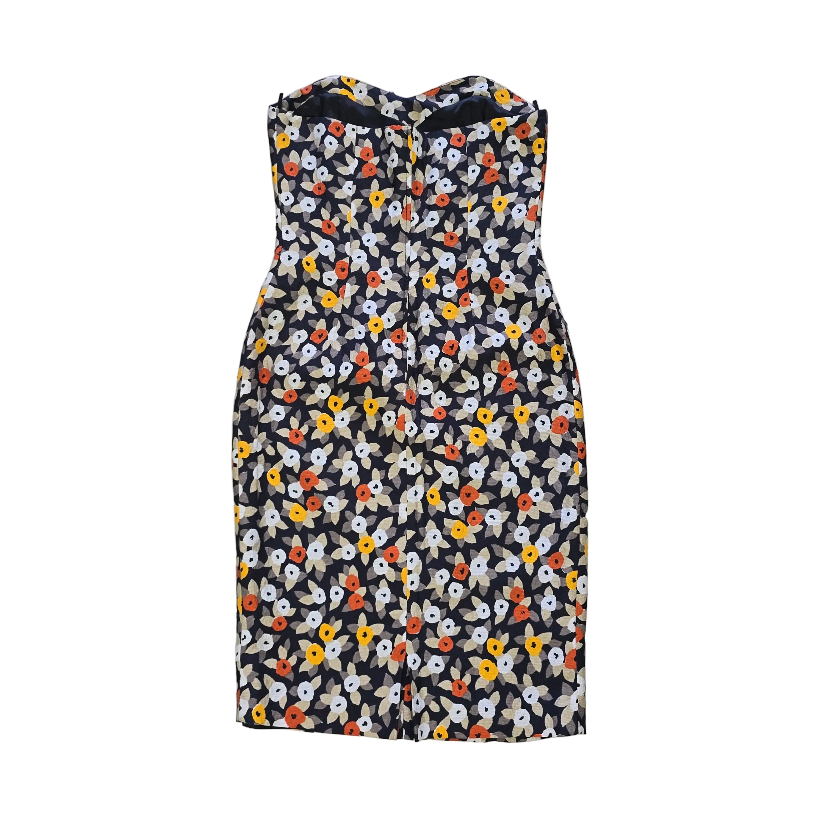 Floral-patterned strapless dress on a light background