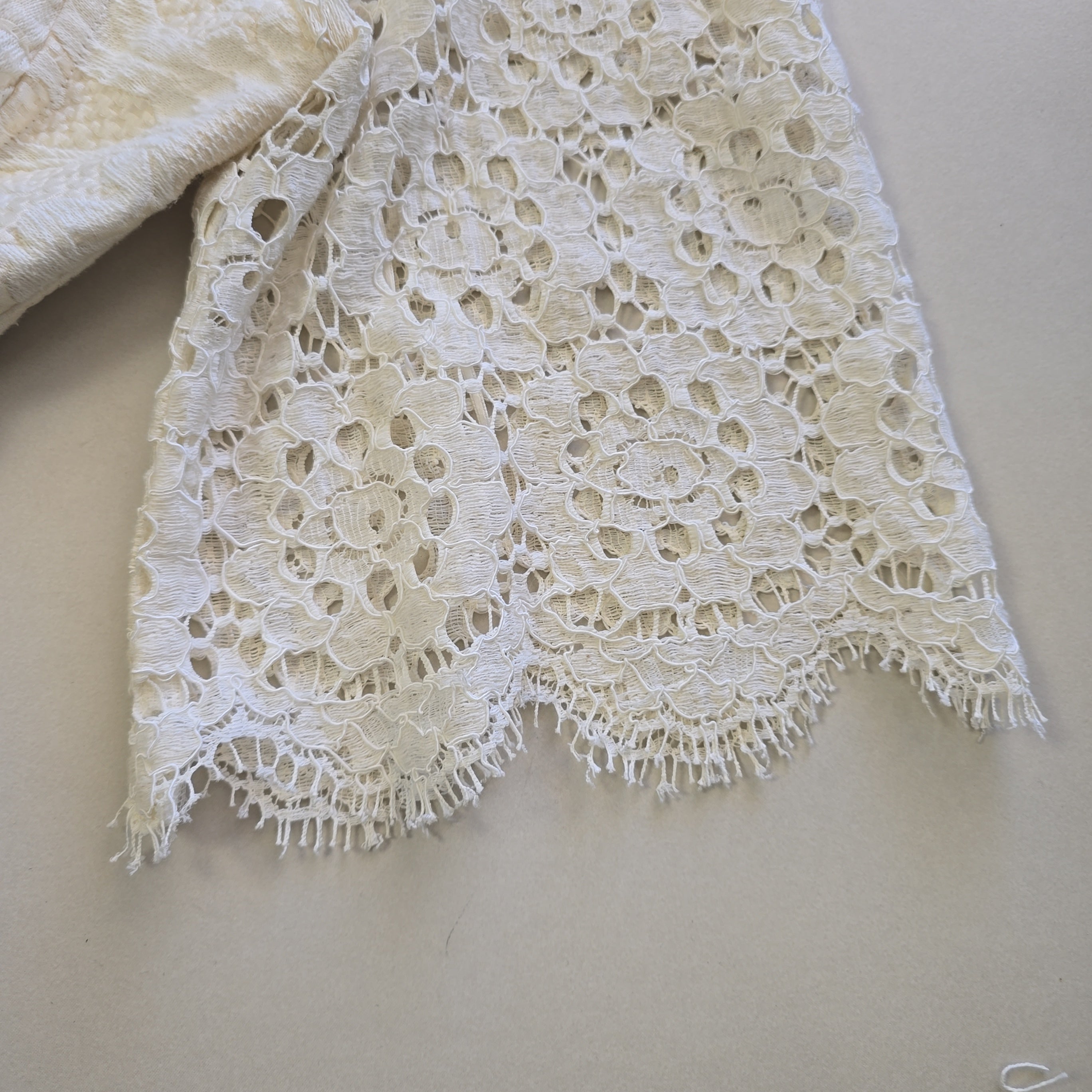 Close-up of white lace fabric on a light background