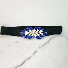 Vintage Black Elastic Belt Blue White Enamel Statement Buckle Retro Belt