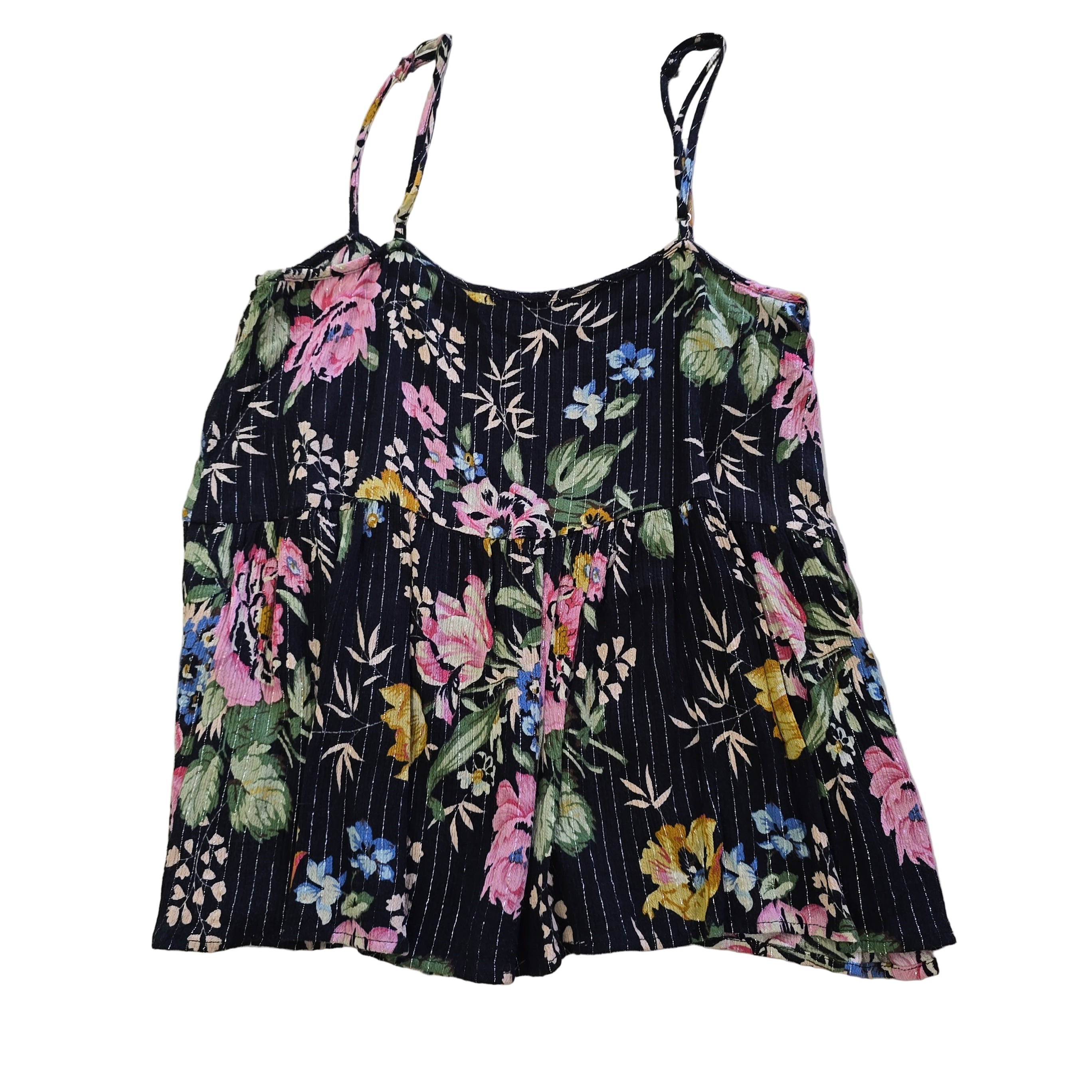 Black floral-patterned top on a light background