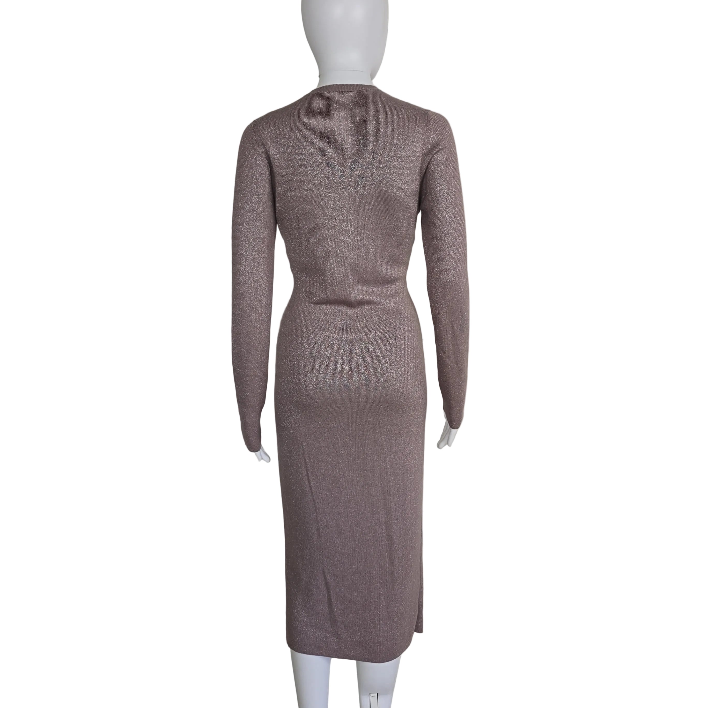 Plum coloured dress with silver details on a light background