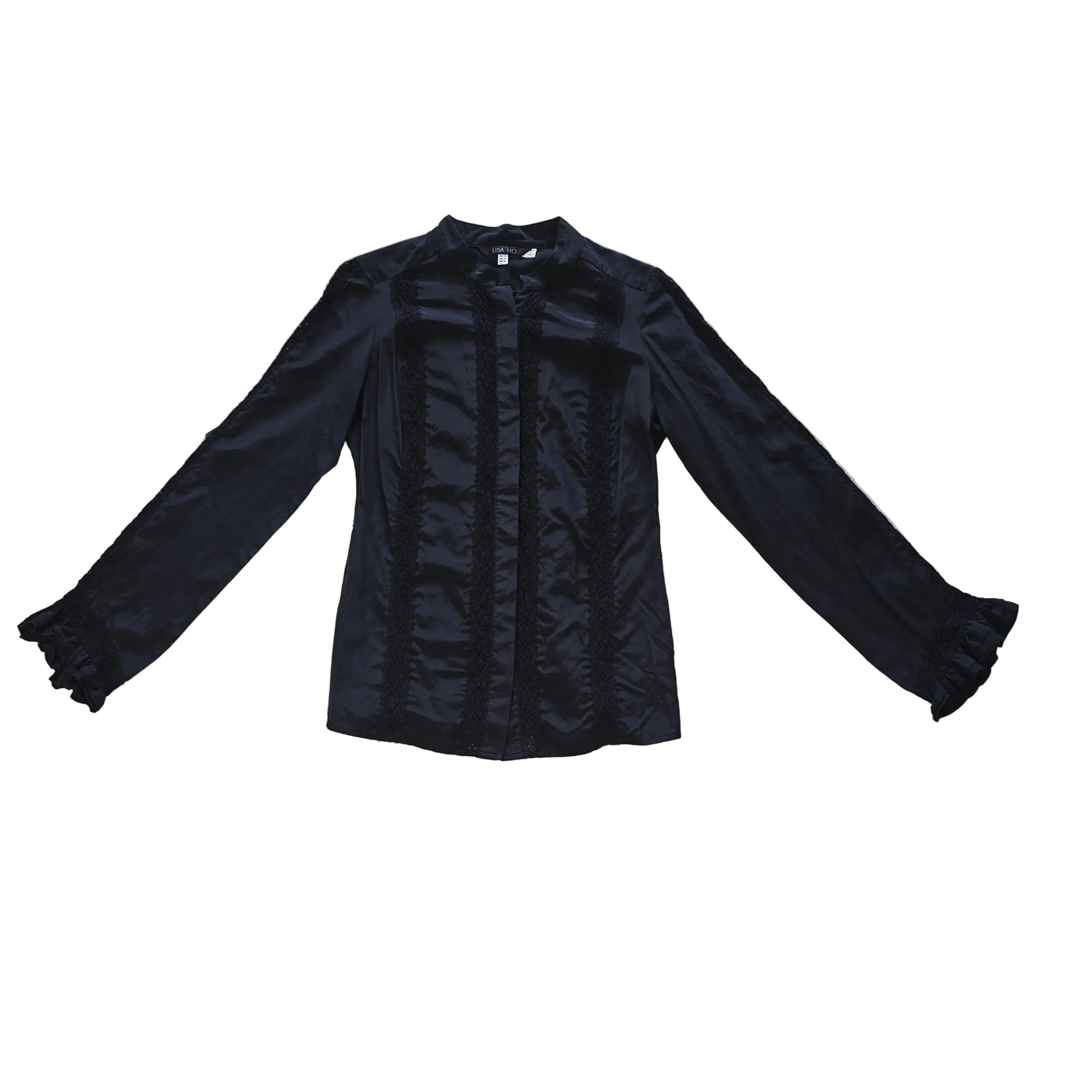 Black long sleeved button up top with black lace details on a light background