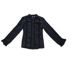 Black long sleeved button up top with black lace details on a light background