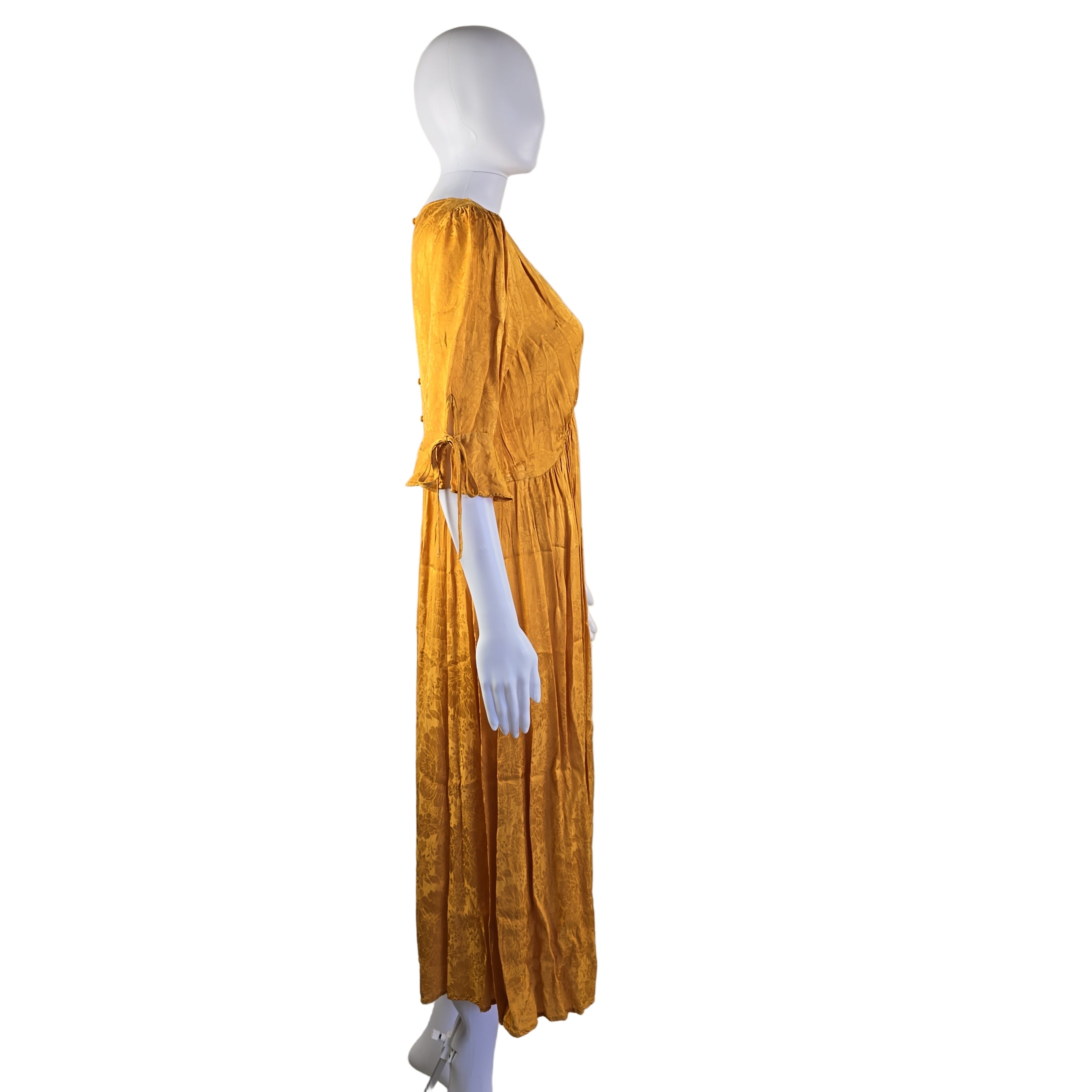 Mannequin wearing a yellow dress in front of a white background