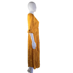 Mannequin wearing a yellow dress in front of a white background