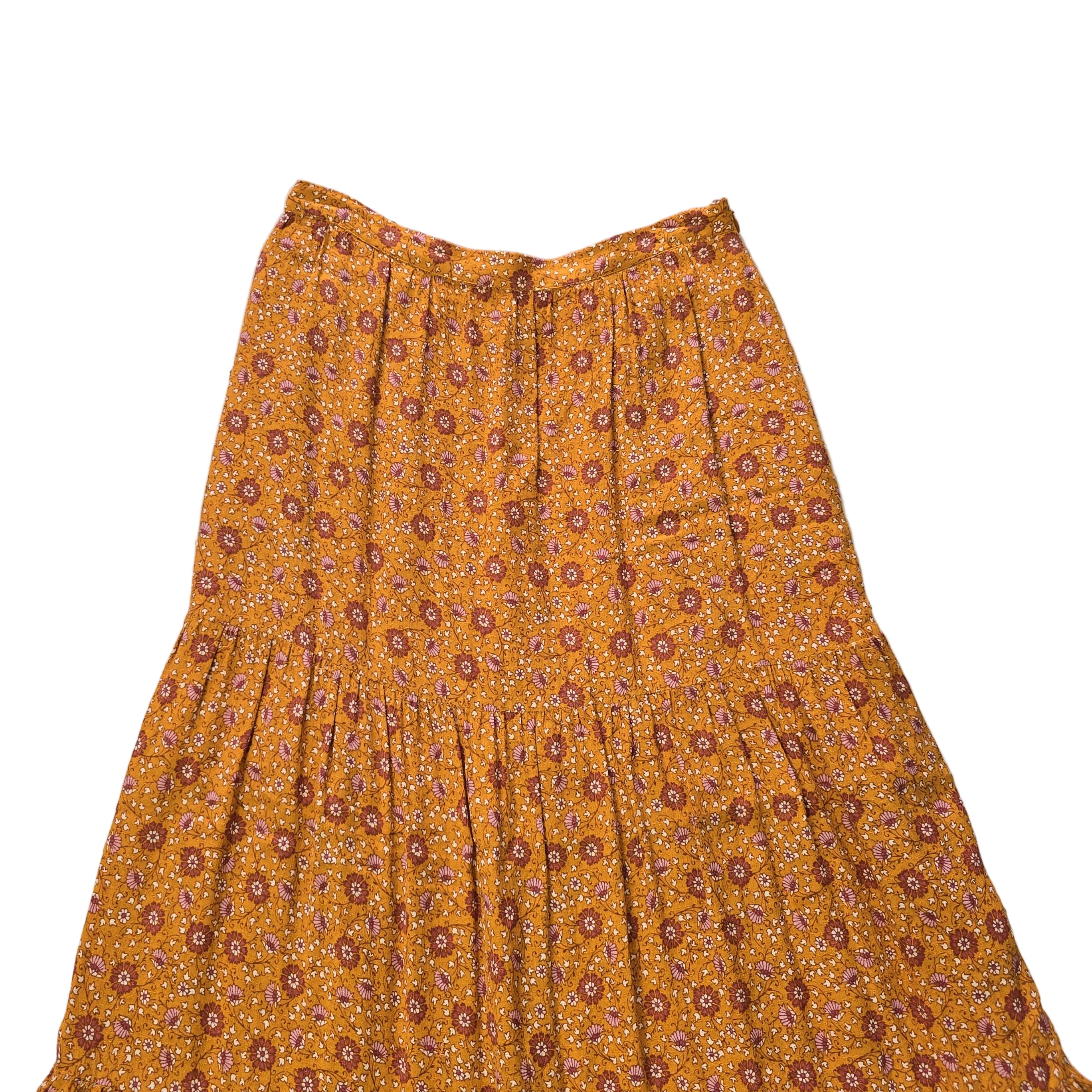 Orange floral patterned fabric on a light background.