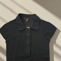 Authentic Louis Vuitton Black Knit Top with Gold Bow – Size M (Stretchy Fit)