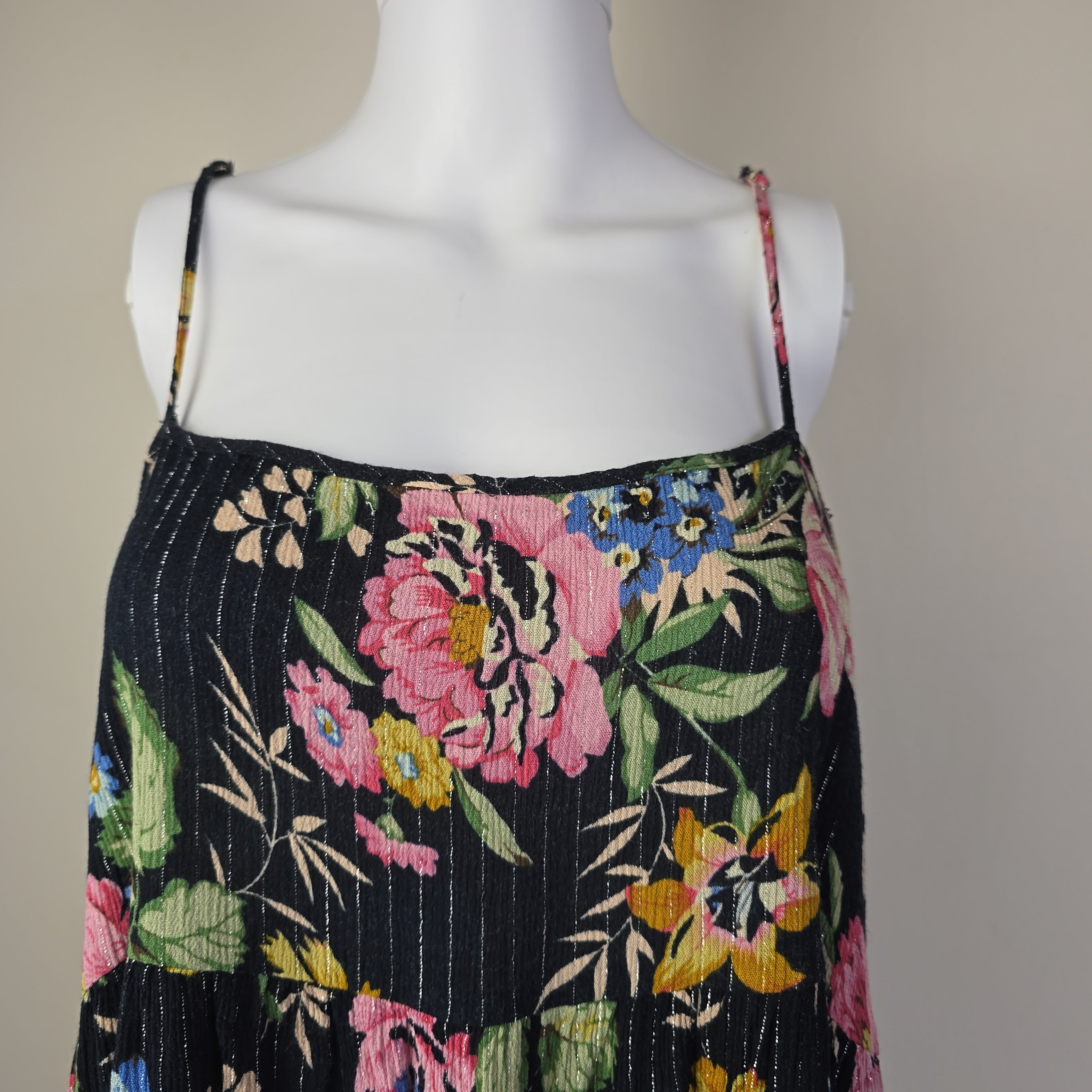 Floral embroidered fabric on a mannequin with a plain background
