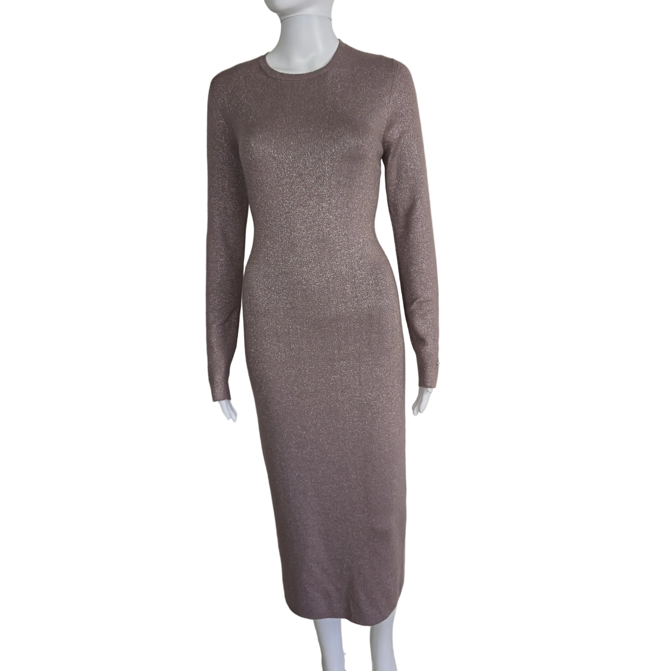 Plum coloured dress with silver details on a light background