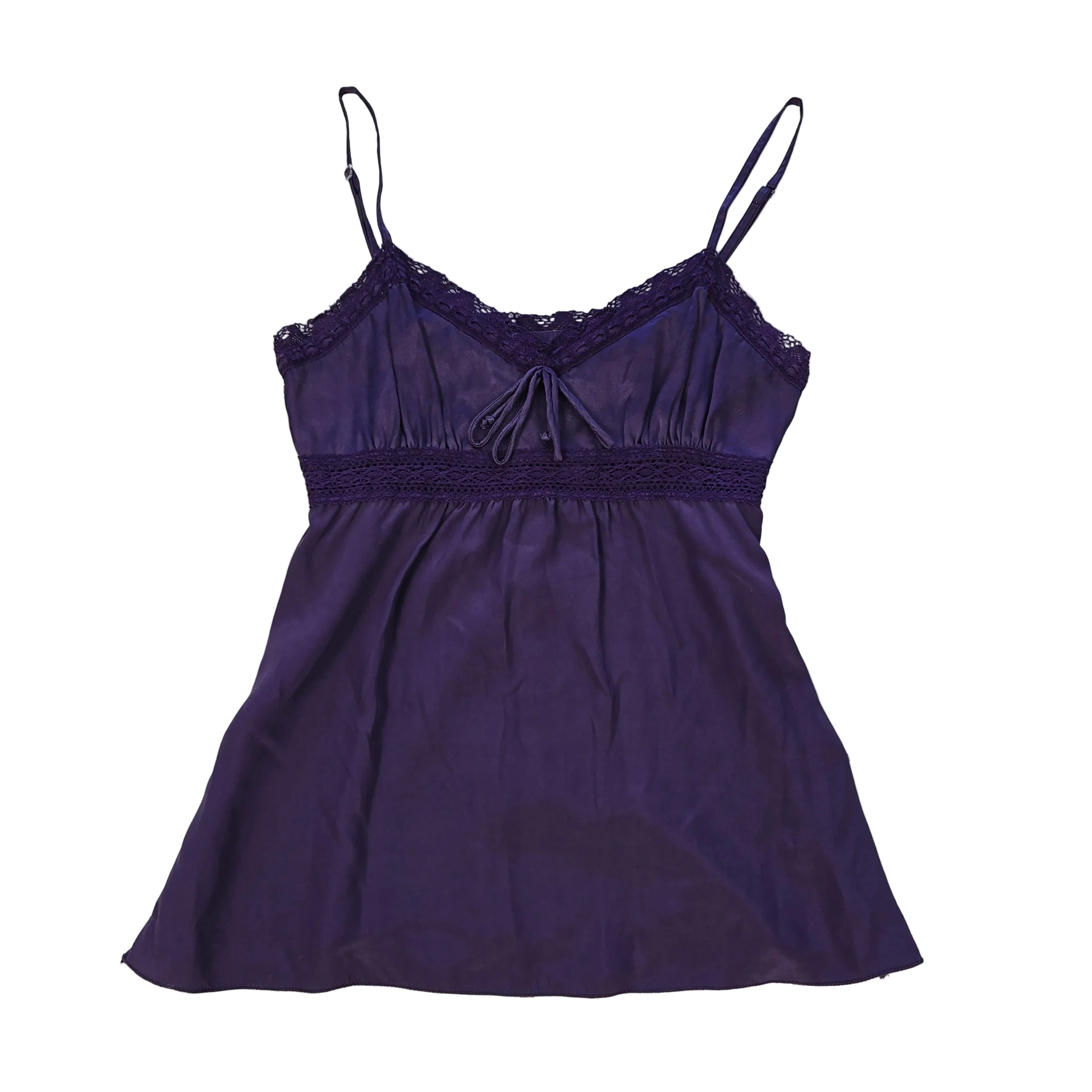 Purple lace-trimmed top on a light background