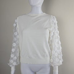 Siani Milano White Balloon Sleeve Sweater with Flower Detail - Size: M