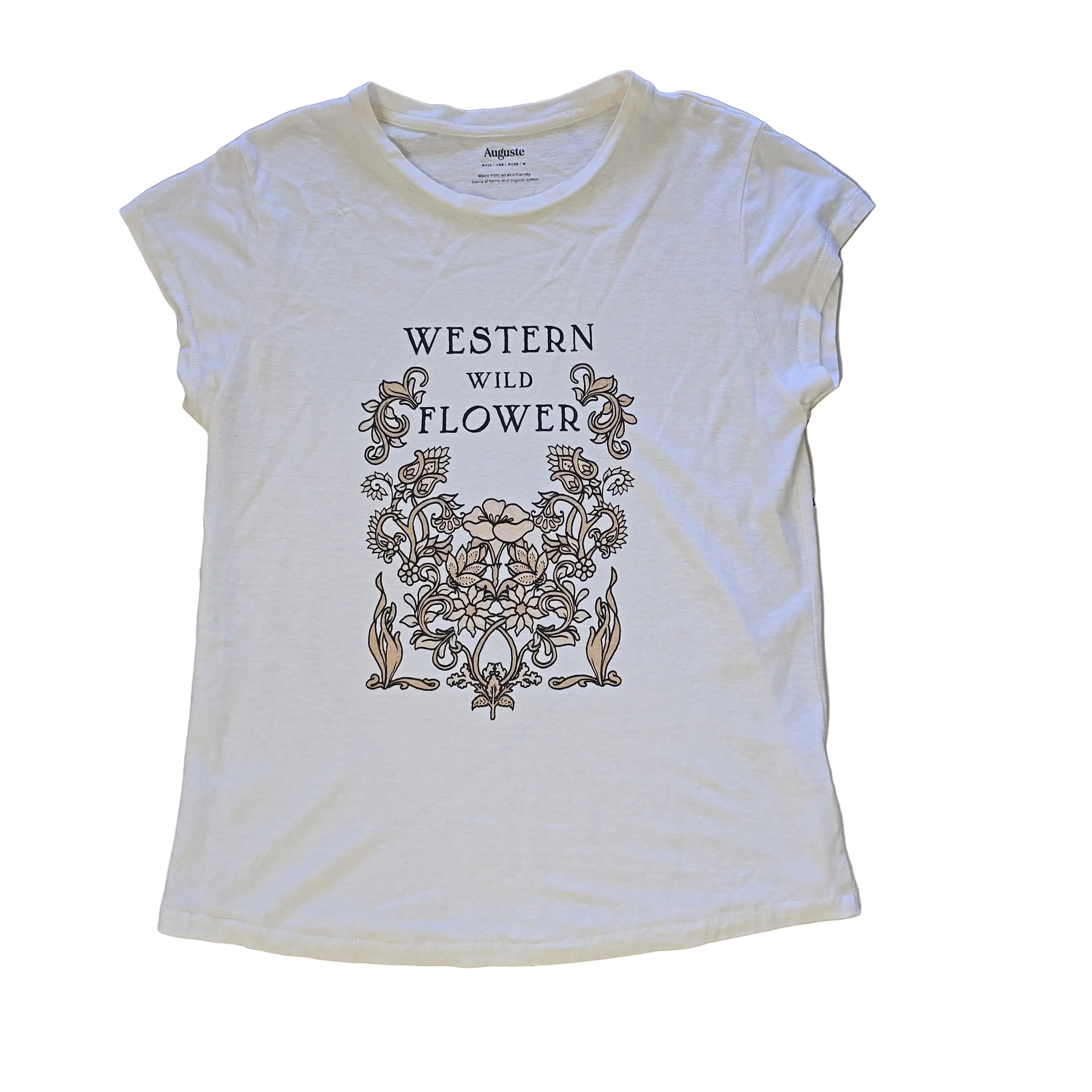White t-shirt with floral design and text on a light background