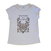 White t-shirt with floral design and text on a light background