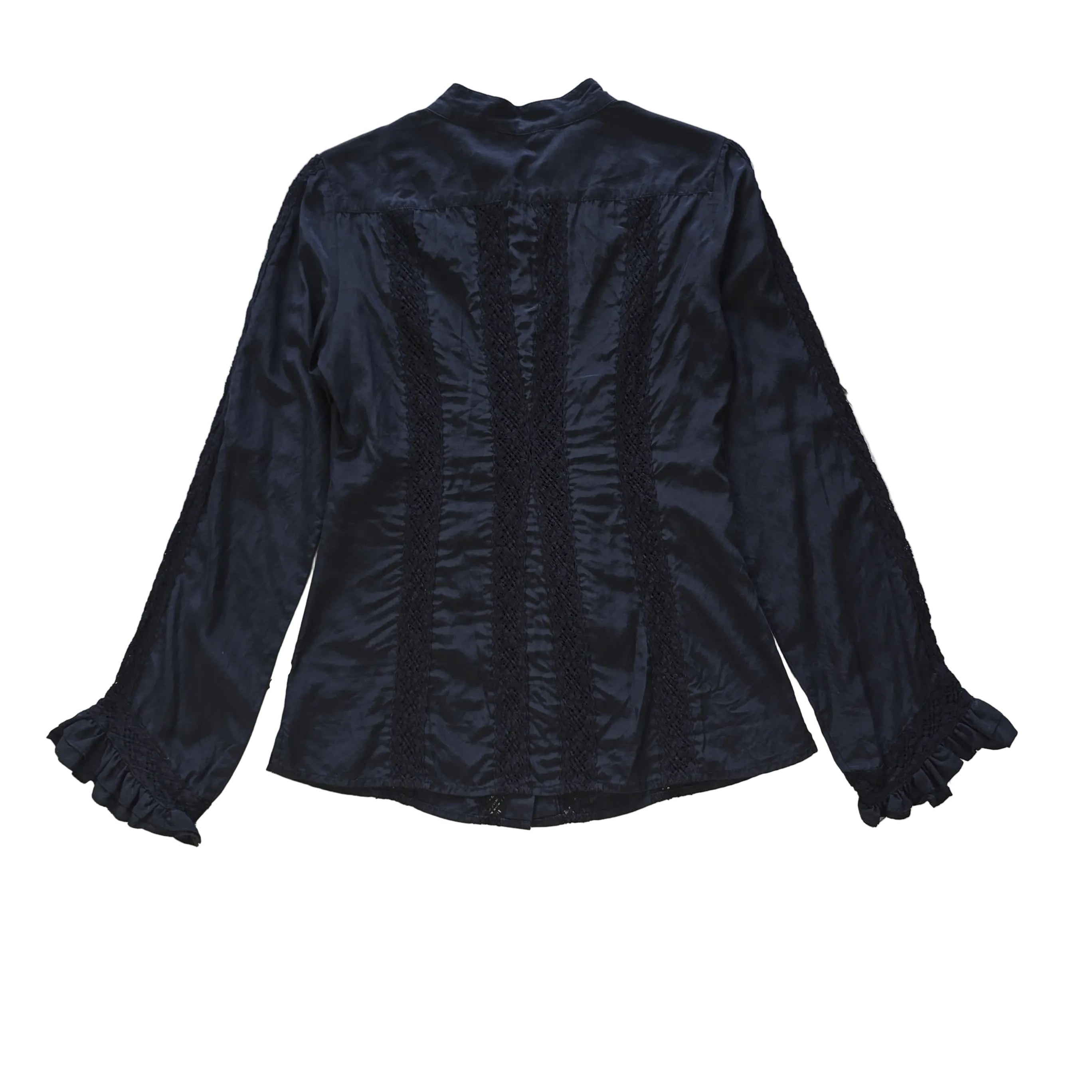 Black long sleeved button up top with black lace details on a light background