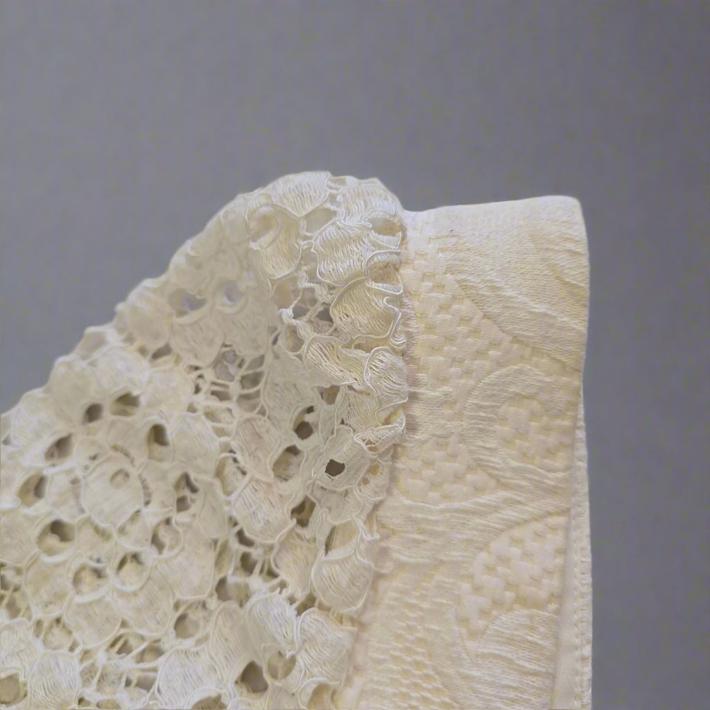Close-up of a white lace garment on a neutral background