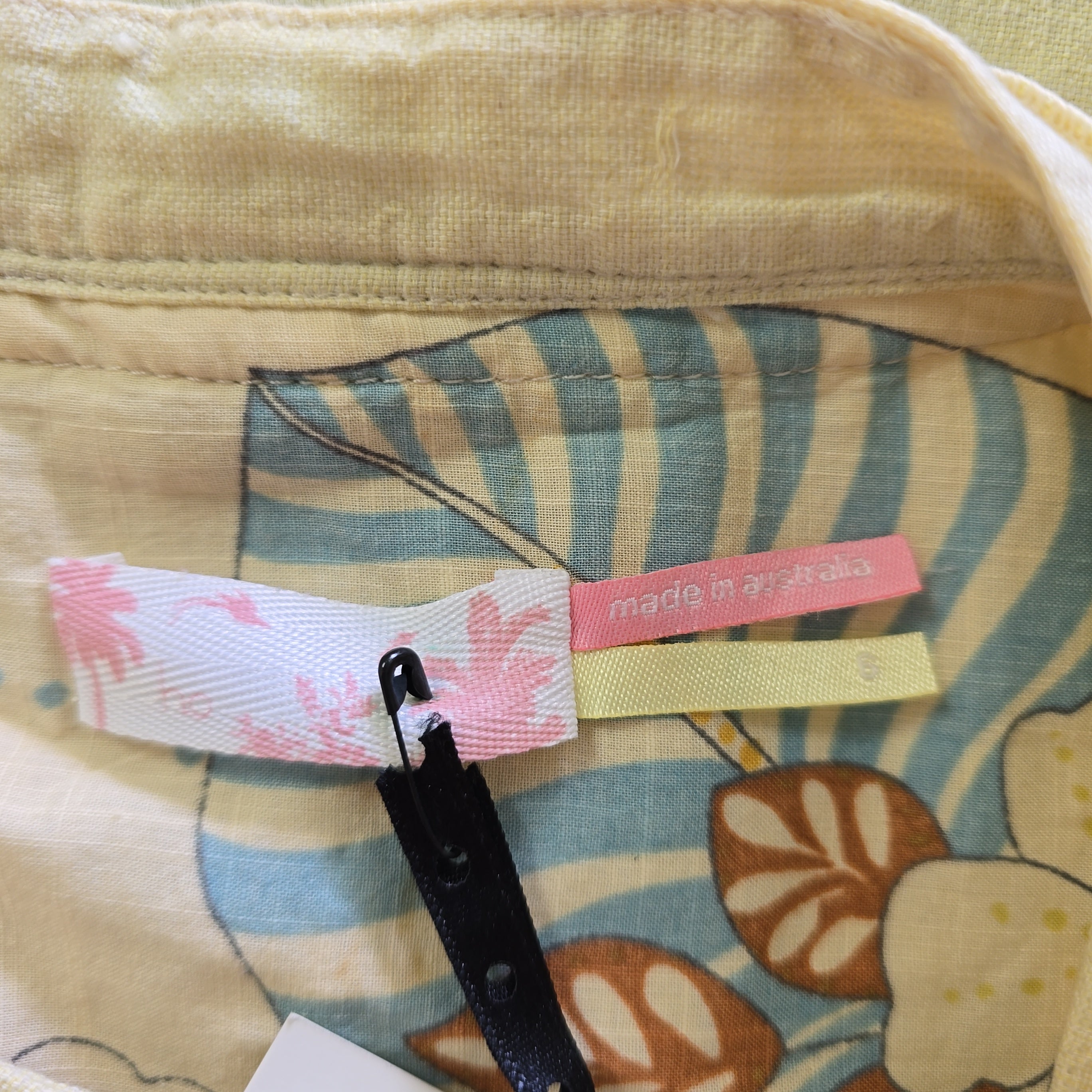 Close-up of a floral-patterned fabric with a zipper and tags.