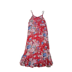 Red floral dress on a tiled floor