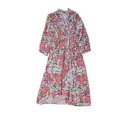 Floral patterned wrap style dress on a light background