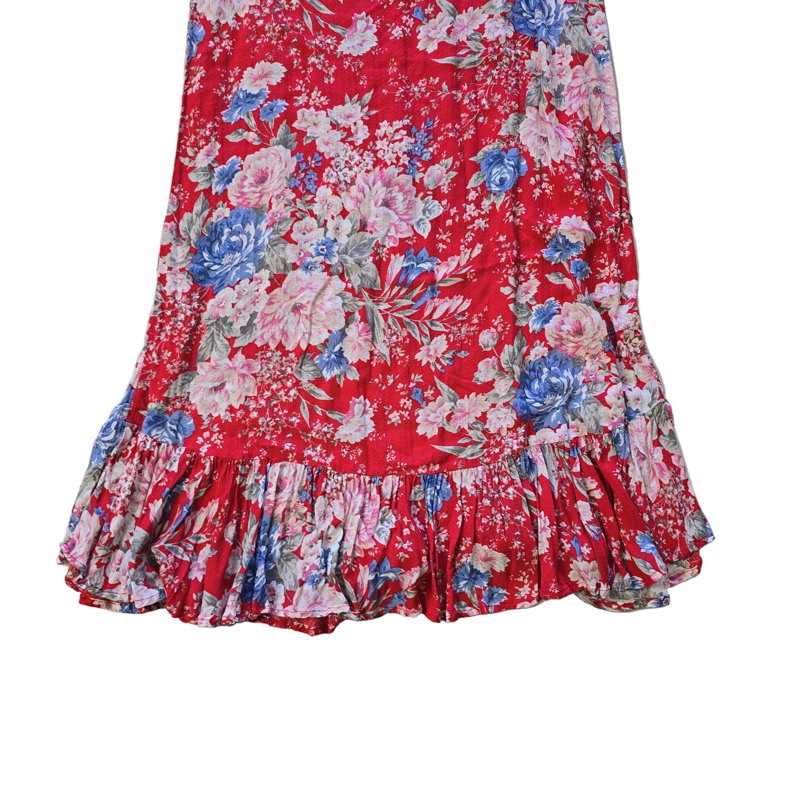 Floral skirt with ruffled edge on a tiled floor