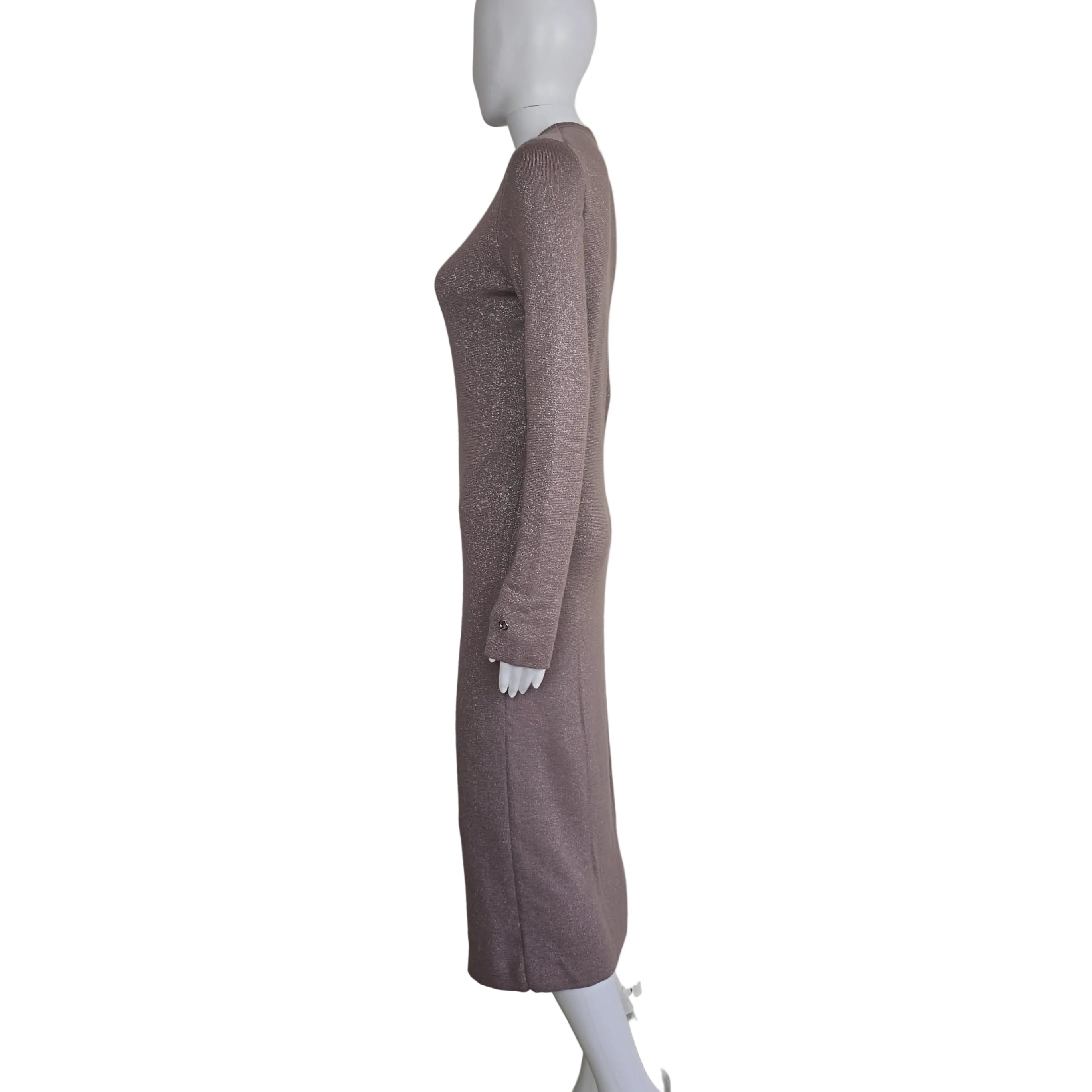 Plum coloured dress with silver details on a light background