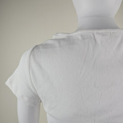 Close-up of a white shirt with thin stripes on a beige background