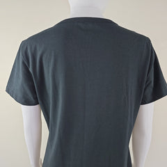 Black t-shirt dress with DKNY logo on a light background