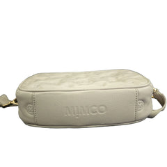 Grey shoulder bag with gold accents on a light background