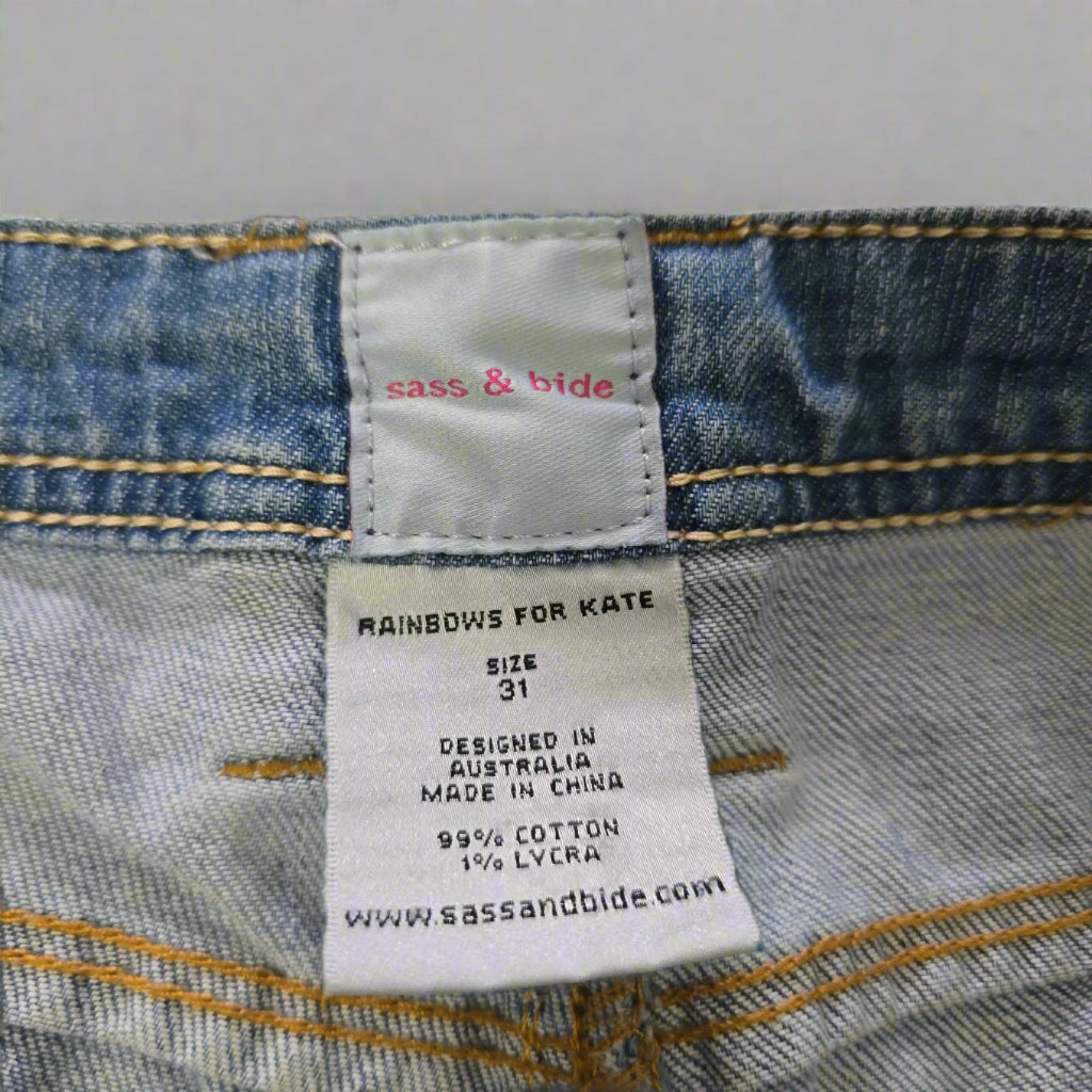 Close-up of a label on denim fabric with text and branding details.