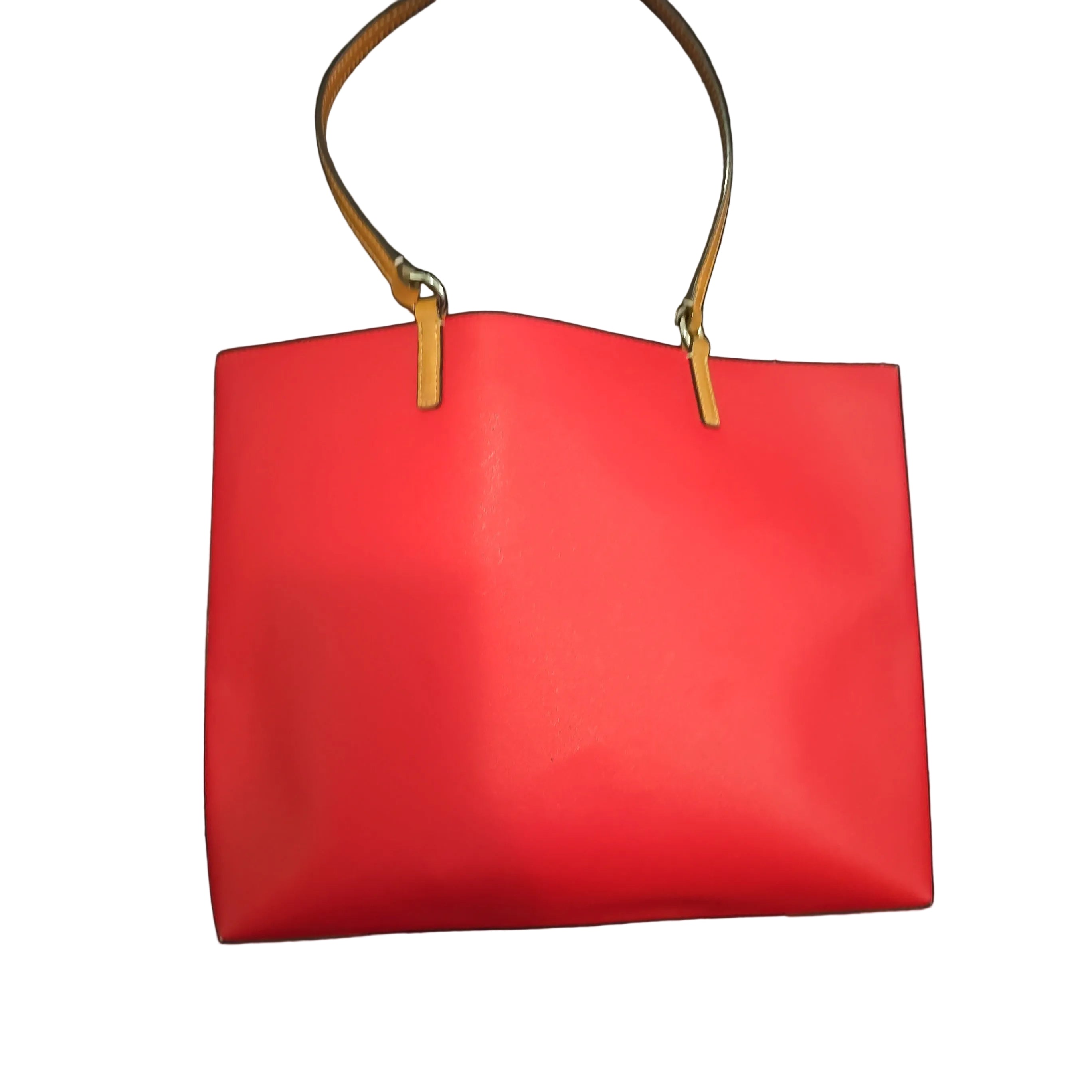 Back of red handbag on a light background