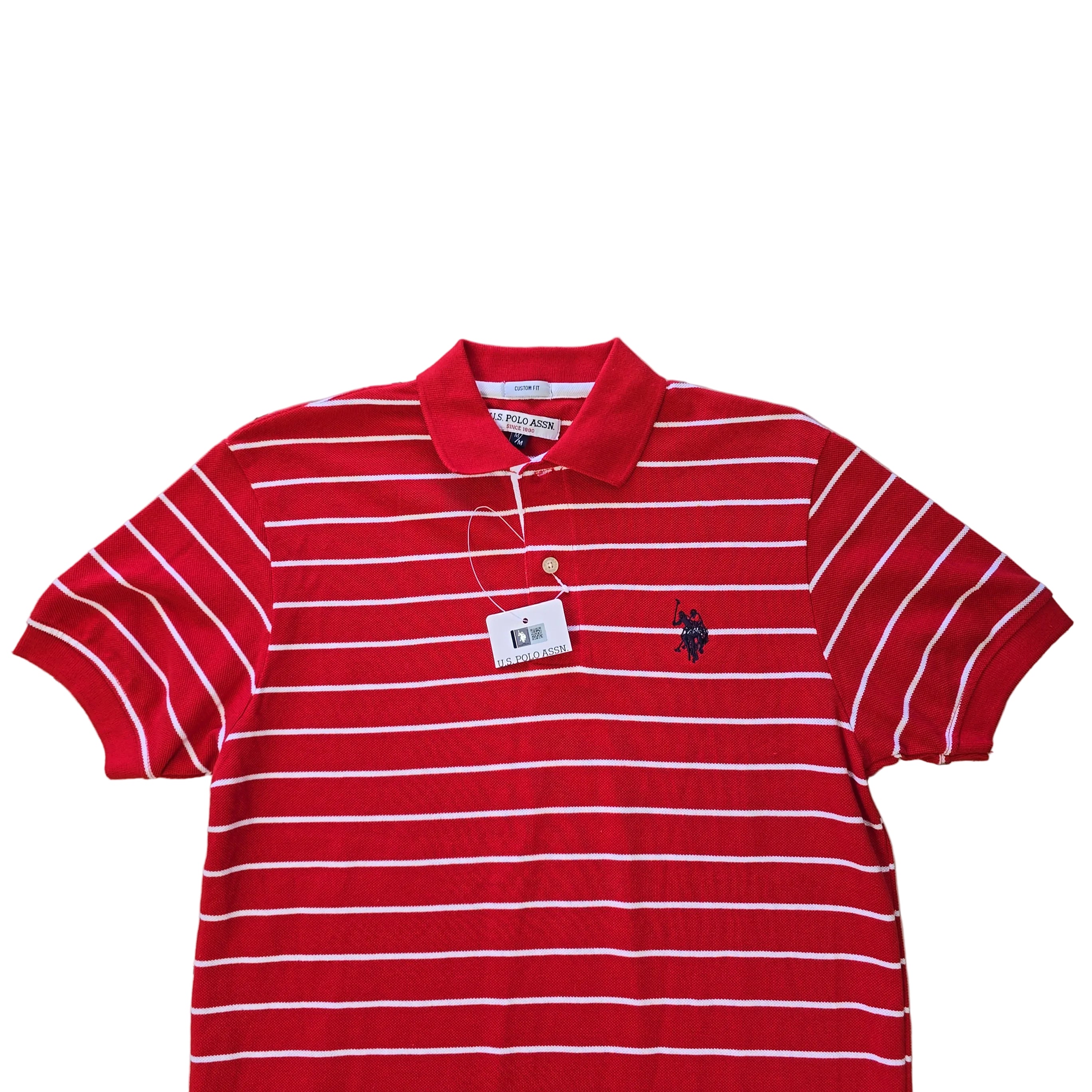 Red and white striped polo shirt on a light background