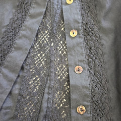 Close-up of a dark fabric with lace detailing and shell buttons.