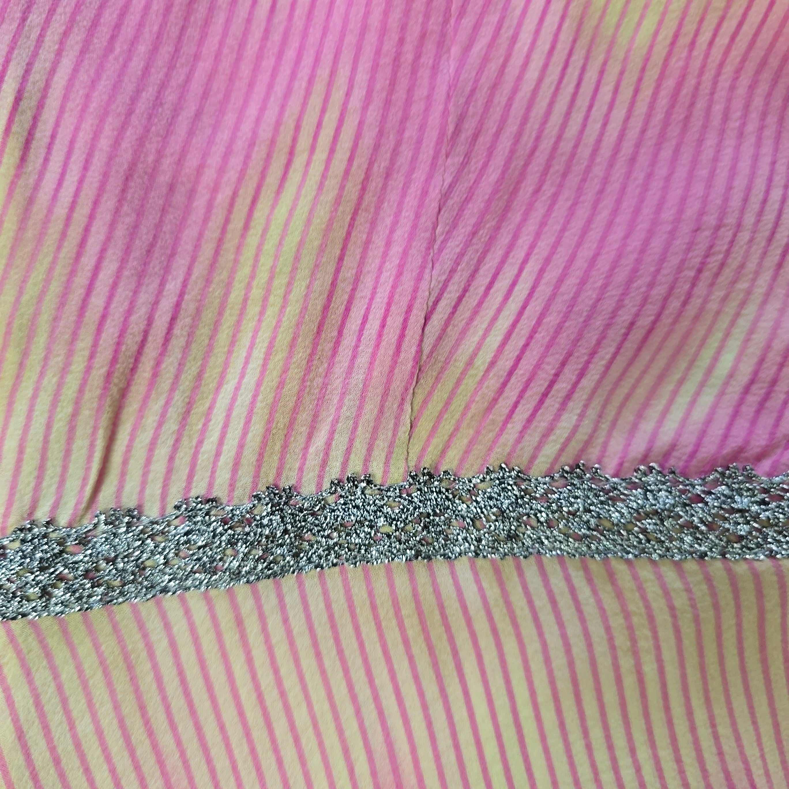Close-up of a fabric with pink and yellow stripes and a textured silver line.