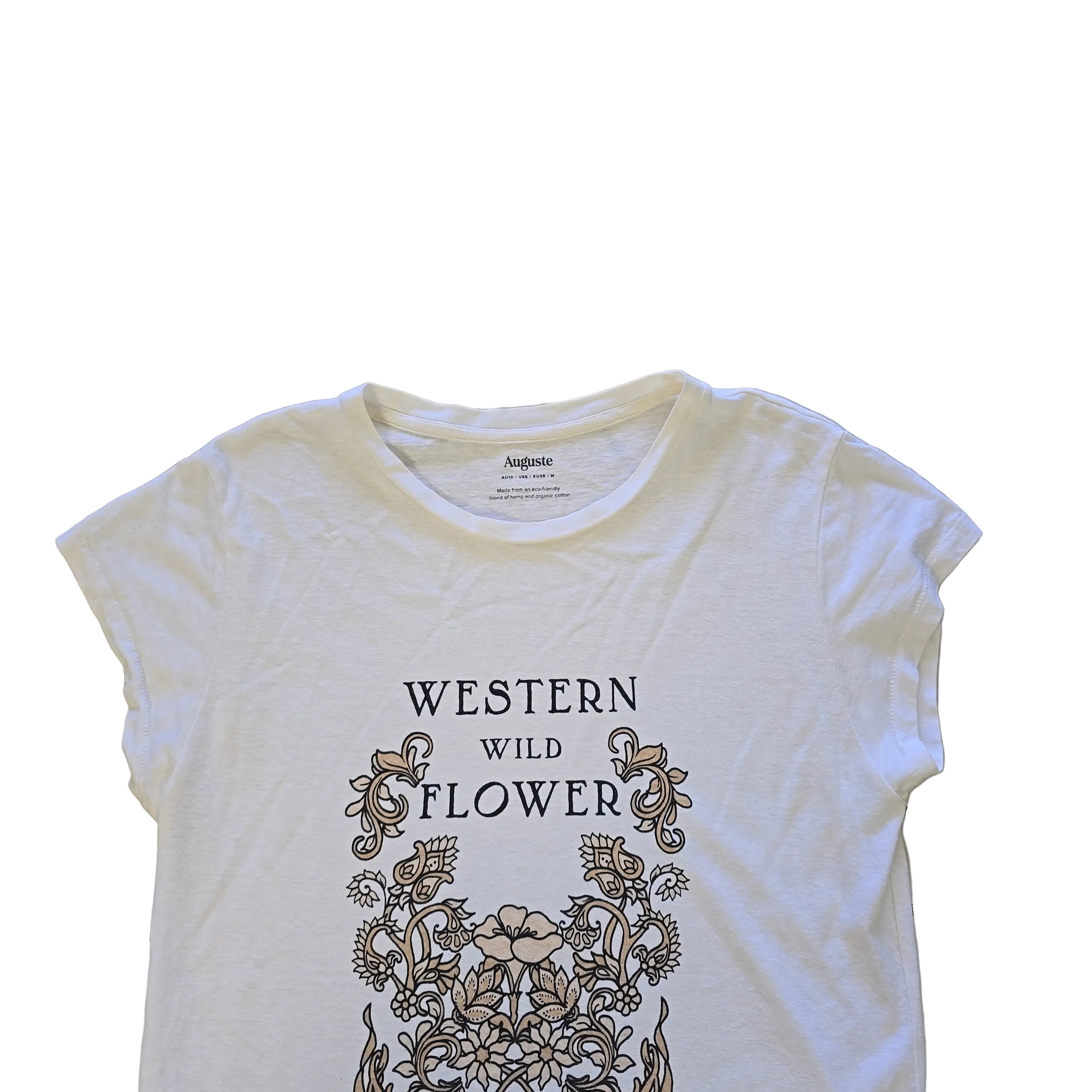 White t-shirt with 'Western Wild Flower' design on a light background