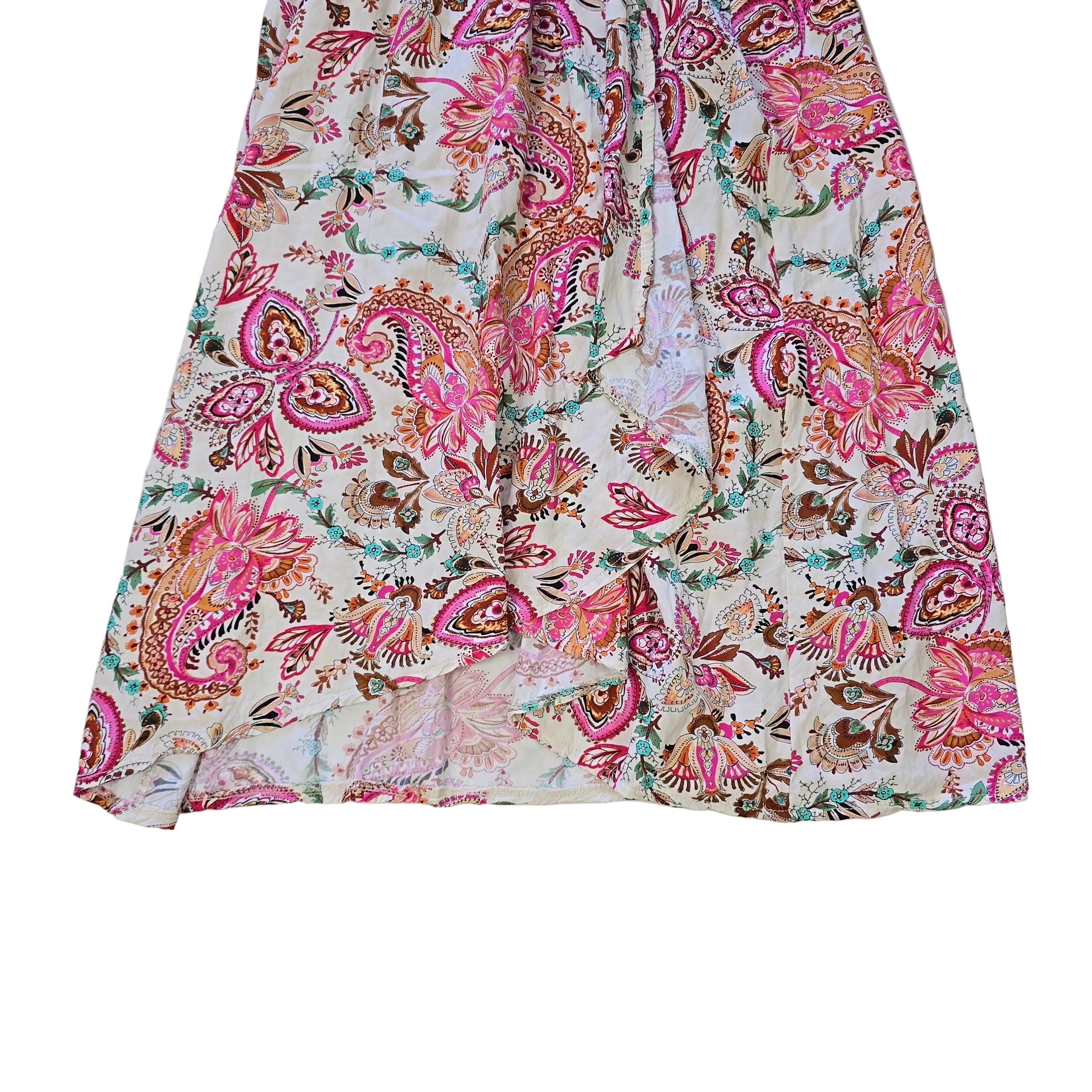 Floral patterned wrap style dress on a light background